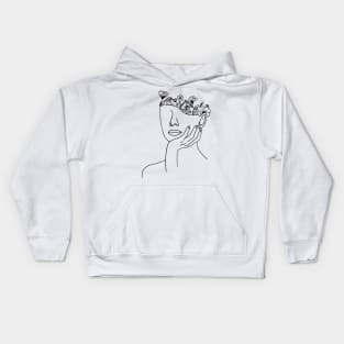 Minimalist Line Art Head and Flowers Kids Hoodie